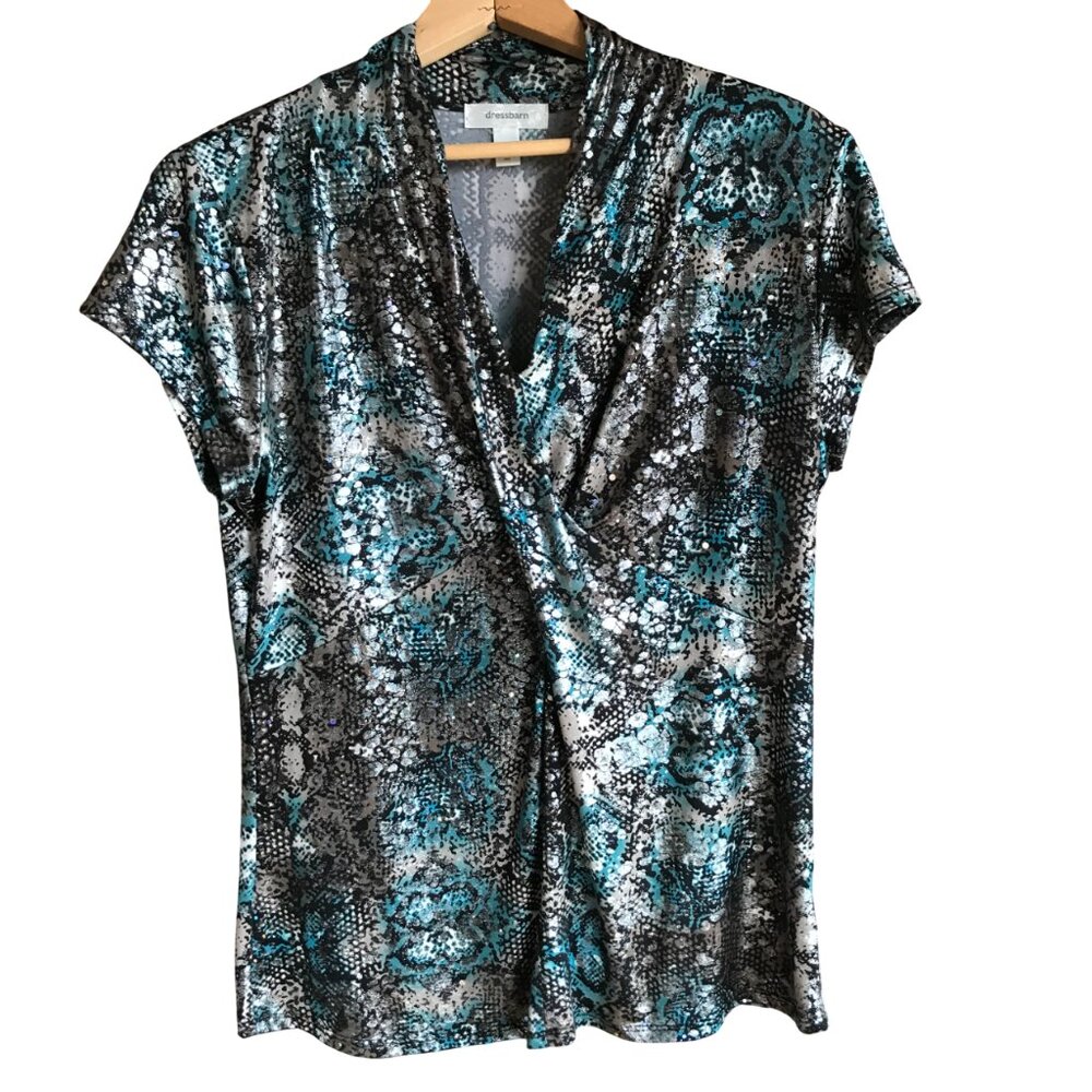Dress Barn Shimmery Blouse, Soft Lightweight Top, Shiny Black Brown Teal, Size M